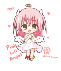 Rule 34 | 1girl, :d, angel wings, anklet, barefoot, blonde dog girl (ri-net), blush, bow, brown eyes, collarbone, dress, hair between eyes, halo, hands up, heart, jewelry, long hair, open mouth, original, own hands clasped, own hands together, pink hair, red bow, ri-net, simple background, sleeveless, sleeveless dress, smile, solo, twitter username, two side up, white background, white dress, white wings, wings