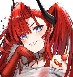 Rule 34 | 1girl, absurdres, arknights, bare shoulders, blue eyes, choker, fur trim, grin, hair between eyes, head rest, heart, highres, horn/wood, horns, long hair, looking at viewer, off shoulder, red choker, red hair, see-through, shirt, simple background, smile, solo, toddifons (arknights), twintails, upper body, white background, white shirt
