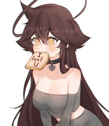 Rule 34 | 1girl, absurdres, ahoge, blush, bread, bread slice, breasts, brown hair, choker, cleavage, commentary, crop top, english commentary, food, food in mouth, heart, heart choker, highres, huge ahoge, large breasts, long hair, long sleeves, looking afar, off-shoulder shirt, off shoulder, original, pun, shirt, simple background, sky above me, solo, upper body, white background, yellow eyes