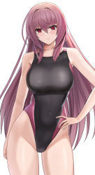 Rule 34 | 1girl, absurdres, black one-piece swimsuit, blush, breasts, collarbone, fate/grand order, fate (series), hand on own hip, highleg, highleg swimsuit, highres, higofushi, large breasts, long hair, looking at viewer, one-piece swimsuit, pink hair, purple one-piece swimsuit, red eyes, scathach (fate), standing, swimsuit, thighs, white background