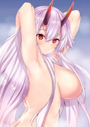 Rule 34 | 1girl, armpits, arms behind head, ass, breasts, eyelashes, fate/grand order, fate (series), highres, horns, large breasts, long hair, nude, oni, red eyes, sankakusui, side ponytail, smile, solo, tomoe gozen (fate), very long hair, white hair