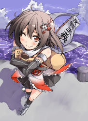 Rule 34 | 10s, 1girl, :t, ;), ahoge, backpack, bag, bare shoulders, bibi02, black skirt, black socks, blue sky, brown eyes, brown hair, cloud, day, elbow gloves, food, gloves, hair ornament, kantai collection, kneehighs, looking at viewer, hugging object, one eye closed, scarf, school uniform, searchlight, sendai (kancolle), sendai kai ni (kancolle), serafuku, skirt, sky, smile, socks, solo, translation request, two side up, wagashi, water, white scarf, youkan (food)