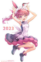 Rule 34 | 2023, animal ears, ankle boots, arms up, black dress, black footwear, blunt bangs, boots, chinese zodiac, commentary request, dress, fake animal ears, floating, highres, kemurikusa, legs up, looking at viewer, maid headdress, medium dress, medium hair, new year, open mouth, rabbit ears, rabbit pose, red eyes, red hair, rina (kemurikusa), simple background, sleeveless, sleeveless dress, smile, suga masashi, twintails, white background, year of the rabbit