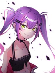 Rule 34 | 1girl, black choker, blush, breasts, choker, cleavage, collarbone, ear piercing, green eyes, hair ornament, hairclip, highres, hololive, jacket, long hair, looking at viewer, multicolored hair, navel, off shoulder, piercing, purple hair, smile, solo, streaked hair, tanuk, tokoyami towa, twintails, virtual youtuber, white background, white jacket