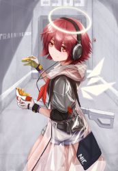 Rule 34 | 1girl, absurdres, arknights, commentary, cowboy shot, ed (ed 0094), exusiai (arknights), exusiai (city rider) (arknights), food, french fries, gloves, grey shirt, hair between eyes, halo, hand up, headphones, highres, holding, holding food, hood, hooded jacket, indoors, jacket, kfc, looking at viewer, neckerchief, official alternate costume, red eyes, red hair, red neckerchief, see-through, shirt, short hair, short shorts, short sleeves, shorts, solo, standing, white shorts
