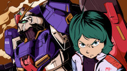 Rule 34 | 1boy, absurdres, closed mouth, commentary, danny blanton 75180, english commentary, green eyes, green hair, gundam, highres, jacket, kamille bidan, looking at viewer, mecha, mobile suit, open clothes, open jacket, parody, purple shirt, robot, science fiction, shirt, short hair, style parody, tengen toppa gurren lagann, ttgl eyecatch, upper body, v-fin, v-shaped eyebrows, white jacket, zeta gundam, zeta gundam (mobile suit)