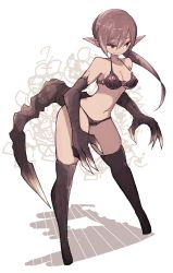 Rule 34 | 1girl, animal hands, bare shoulders, black thighhighs, bra, brown bra, brown hair, brown panties, claws, closed mouth, dot nose, fewer digits, full body, lamb-oic029, legs apart, monster girl, navel, original, panties, pointy ears, ponytail, red eyes, smile, solo, standing, tail, thighhighs, underwear, underwear only