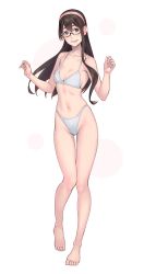 Rule 34 | 1girl, alternate costume, bare arms, bare legs, bare shoulders, bikini, blush, brown hair, commentary request, full body, glasses, green eyes, grin, groin, hairband, hands up, highleg, highleg bikini, highres, kantai collection, long hair, looking at viewer, ooyodo (kancolle), skindentation, smile, solo, string bikini, swimsuit, white background, white bikini, yuuji (and)