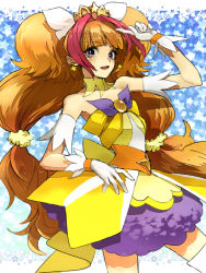Rule 34 | 1girl, :d, amanogawa kirara, bad id, bad pixiv id, bare shoulders, blunt bangs, blush, boots, brown hair, choker, cure twinkle, earrings, frilled skirt, frills, gloves, go! princess precure, gumimogu7, hair ornament, jewelry, long hair, looking at viewer, magical girl, multicolored hair, open mouth, orange hair, precure, purple eyes, quad tails, skirt, smile, solo, star (symbol), star earrings, starry background, streaked hair, thigh boots, thighhighs, twintails, two-tone hair, very long hair, white thighhighs, zettai ryouiki