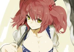 Rule 34 | 1girl, breasts, brown hair, cleavage, collarbone, female focus, hair bobbles, hair ornament, large breasts, luv, onozuka komachi, over shoulder, scythe, shirt, solo, touhou, twintails, two side up, upper body, yellow eyes