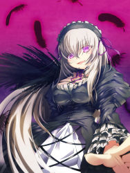 Rule 34 | 00s, 1girl, breasts, choker, dress, fakon, feathers, frills, from below, glowing, glowing eyes, gothic lolita, grin, hairband, large breasts, lolita fashion, long hair, looking down, outstretched hand, purple eyes, ribbon, rozen maiden, shirt, silver hair, smile, solo, suigintou, taut clothes, taut shirt, very long hair, wings