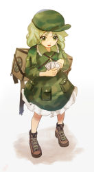 Rule 34 | 1girl, backpack, bag, boots, brown footwear, camouflage, card, commentary request, flat cap, frilled skirt, frills, full body, green eyes, green hair, green headwear, hat, highres, holding, holding card, kappa, key, key necklace, medium hair, necklace, open mouth, pocket, simple background, siyumu, skirt, skirt set, touhou, white background, yamashiro takane