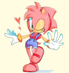 Rule 34 | 1girl, alternate costume, amy rose, animal ears, animal nose, blue overalls, breasts, closed mouth, female focus, full body, furry, furry female, gloves, green eyes, hairband, happy, heart, highres, leg up, looking at viewer, one eye closed, outstretched arms, overalls, pink fur, pink hair, red footwear, red hairband, red shirt, sandals, shirt, short hair, sideways mouth, simple background, sleeveless, sleeveless shirt, small breasts, smile, solo, sonic (series), standing, standing on one leg, stellarspin, tail, two-tone fur, white gloves, wink, yellow background, yellow fur