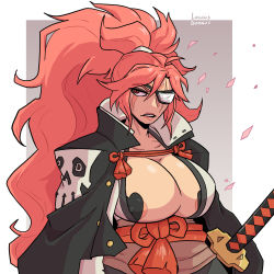 Rule 34 | absurdres, annoyed, baiken, breasts, cape, cherry blossoms, cloak, eyepatch, facepaint, guilty gear, guilty gear strive, highres, katana, large breasts, log dog, nipple slip, nipples, non-web source, one-eyed, pasties, pink hair, ponytail, red hair, samurai, self-upload, simple background, solo, sword, weapon