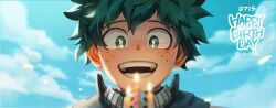 Rule 34 | 1boy, birthday, blue sky, blurry, blurry foreground, boku no hero academia, candle, cloud, day, fire, fire, freckles, green eyes, green hair, green jumpsuit, happy birthday, highres, jumpsuit, light blush, male focus, midoriya izuku, open mouth, outdoors, short hair, sky, solo, spiked hair, superhero costume, upper body, yeol2510