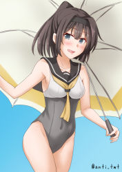 Rule 34 | 1girl, adapted costume, ahoge, akizuki (kancolle), anti (untea9), black hair, black hairband, black sailor collar, blue eyes, blue neckerchief, commentary request, covered navel, cowboy shot, gradient background, hairband, highres, kantai collection, leotard, long hair, looking at viewer, neckerchief, ponytail, race queen, sailor collar, solo, twitter username, umbrella, yellow neckerchief