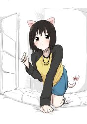 Rule 34 | 1girl, all fours, animal ears, bell, black hair, black shirt, black sleeves, blue skirt, blush, bow, brown eyes, cat ears, cat tail, closed mouth, commentary request, eyelashes, full body, hand up, hitodattaniku, indoors, long sleeves, looking at viewer, medium hair, nakahara misaki, neck bell, nhk ni youkoso!, no shoes, pink bow, shirt, sketch, skirt, socks, solo, tail, tail bow, tail ornament, two-tone shirt, white socks, yellow shirt