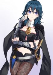 Rule 34 | 1girl, absurdres, armor, black shorts, blue eyes, blue hair, brown pantyhose, byleth (female) (fire emblem), byleth (fire emblem), cleavage cutout, closed mouth, clothing cutout, dagger, fire emblem, fire emblem: three houses, hair between eyes, highres, knife, lace, lace-trimmed legwear, lace trim, medium hair, nintendo, pantyhose, pantyhose under shorts, scabbard, sheath, sheathed, short shorts, shorts, simple background, solo, sword, weapon, white background, zero-theme