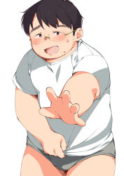 Rule 34 | 1boy, blush, briefs, brown hair, embarrassed, facial hair, fat, fat man, glasses, highres, male focus, male underwear, multicolored eyes, no pants, open mouth, original, outstretched arm, plump, reaching, shirt, short hair, short sleeves, simple background, solo, standing, stubble, sweat, tanaka (tanakasunsun), underwear, white background, white shirt