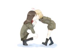 Rule 34 | 2girls, absurdres, age difference, bent over, black footwear, black skirt, blonde hair, boots, brown hair, child, closed mouth, commentary request, emblem, facing another, female focus, finger to face, from side, full body, girls und panzer, green jacket, green jumpsuit, height difference, highres, jacket, jumpsuit, katyusha (girls und panzer), kiss, kissing cheek, long hair, long sleeves, military, military uniform, miniskirt, multiple girls, nonna (girls und panzer), onee-loli, pleated skirt, pravda military uniform, pravda school uniform, red shirt, school uniform, shadow, shimesaba (simesabaikka), shirt, short hair, short jumpsuit, simple background, skirt, smile, squatting, standing, turtleneck, uniform, white background, yuri