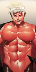 Rule 34 | 1boy, abs, bad id, bad pixiv id, bara, bare pectorals, boxer (danshikobo), close-up, colored sclera, colored skin, condom, condom in mouth, demon boy, demon wings, horns, large pectorals, male focus, mouth hold, muscular, navel, nipple piercing, nipples, oni, oni horns, original, pectoral focus, pectorals, piercing, red oni, red skin, short hair, solo, spiked hair, upper body, white hair, wings, yellow sclera