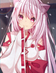 Rule 34 | 1girl, :3, animal ear fluff, animal ears, bare shoulders, blurry, breasts, cat ears, commentary request, depth of field, hand up, highres, japanese clothes, kimono, large breasts, long hair, long sleeves, looking at viewer, miko, nijisanji, pink eyes, rainbow, red ribbon, ribbon, sapphire (sapphire25252), shiina yuika, shiina yuika (3rd costume), sleeves past fingers, sleeves past wrists, smile, solo, sparkle, upper body, virtual youtuber, white hair, white kimono