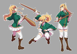 Rule 34 | 1girl, blonde hair, boots, breasts, brown footwear, chinese clothes, clothing request, collared shirt, commentary request, fold-over boots, fumitan (humitan), green eyes, grey background, hair ornament, highres, holding, holding sword, holding weapon, knee boots, light blush, long hair, long sleeves, medium breasts, miniskirt, multiple views, original, outline, parted lips, pleated skirt, shirt, sidelocks, simple background, skirt, smile, standing, sword, tangzhuang, thighhighs, thighhighs under boots, weapon, white outline, white shirt, white skirt, white thighhighs, winged hair ornament, wooden sword, zettai ryouiki