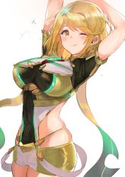 Rule 34 | 1girl, absurdres, arms up, black background, blonde hair, blush, breasts, closed mouth, commentary request, covered navel, earrings, glowing, groin, hair between eyes, headpiece, highres, jewelry, large breasts, looking at viewer, nintendo, one eye closed, orange eyes, ormille, pyra (xenoblade), short hair, shorts, simple background, skindentation, smile, solo, standing, swept bangs, tiara, xenoblade chronicles (series), xenoblade chronicles 2, yellow shorts