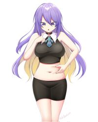 1girl blonde_hair blush breasts colored_inner_hair flab highres hololive hololive_indonesia large_breasts long_hair looking_at_viewer moona_hoshinova multicolored_hair multiple_girls open_mouth padli_spakbor pinching_belly purple_eyes purple_hair smile solo starry_hair virtual_youtuber