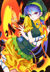 Rule 34 | 1girl, absurdres, apron, arm ribbon, black footwear, blue hair, commentary request, dress, fire, foot out of frame, frilled sleeves, frills, green apron, green headwear, grin, haniyasushin keiki, head scarf, highres, jewelry, long hair, looking at viewer, magatama, magatama necklace, mizoreshi, necklace, pink eyes, puffy short sleeves, puffy sleeves, ribbon, short sleeves, smile, solo, tools, touhou, very long hair, wood carving tool, yellow dress