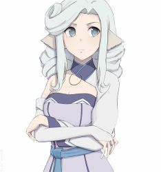 Rule 34 | 1girl, animal ears, aquaplus, arms under breasts, blue eyes, blue hair, breasts, cleavage, cleavage cutout, closed mouth, clothing cutout, crossed arms, curly hair, large breasts, long hair, looking to the side, miura-n315, munechika, sidelocks, simple background, solo, strapless, tube top, upper body, utawarerumono, utawarerumono: itsuwari no kamen, white background