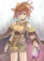 Rule 34 | 1girl, armor, book, bow, bracelet, breastplate, brown hair, cape, closed mouth, corruption, dark persona, delthea (fire emblem), dress, empty eyes, fire emblem, fire emblem echoes: shadows of valentia, fire emblem heroes, hair bow, highres, holding, holding book, hukashin, jewelry, long hair, mind control, nintendo, ponytail, short dress, solo
