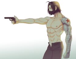 Rule 34 | 1boy, ab, black hair, gun, male focus, mask, muscular, nipples, pectorals, topless male, solo, tagme, undressing, weapon