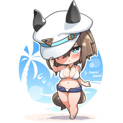 Rule 34 | 1girl, animal ears, bare shoulders, bikini, blue eyes, blue shorts, blush, breasts, brown hair, cheval grand (umamusume), chibi, commentary, ear covers, full body, hand up, hat, hat ornament, highres, horse ears, horse girl, horse tail, jewelry, large breasts, looking at viewer, medium hair, navel, open fly, parted lips, peaked cap, round image, shorts, skindentation, solo, standing, swimsuit, swimsuit under clothes, tail, thighs, umamusume, warashi, white bikini, white hat