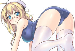 Rule 34 | 10s, 1girl, ahoge, all fours, ass, bad id, bad pixiv id, blonde hair, blue eyes, glasses, hair ribbon, hat, i-8 (kancolle), kantai collection, long hair, looking at viewer, one-piece swimsuit, open mouth, ribbon, school swimsuit, solo, swimsuit, thighhighs, violetshit