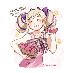 Rule 34 | 1girl, artist name, blonde hair, bow, bucket, buttons, chocojax, closed eyes, dress, elise (fire emblem), fire emblem, fire emblem fates, fire emblem heroes, grin, hair bow, long hair, multicolored hair, nintendo, official alternate costume, pink dress, purple hair, smile, solo, twintails, wooden bucket