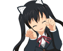 Rule 34 | 1girl, a1 (initial-g), animal ears, black hair, blazer, cat ears, cat girl, closed eyes, female focus, highres, jacket, k-on!, long hair, nakano azusa, open mouth, paw pose, school uniform, simple background, smile, solo, twintails, white background