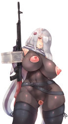 Rule 34 | 1girl, blush, breasts, breasts out, censored, covered navel, girls&#039; frontline, gun, hair ornament, highres, huge breasts, long hair, looking at viewer, machine gun, nipples, parted lips, pk (girls&#039; frontline), puffy nipples, pussy, red eyes, silver hair, solo, standing, very long hair, weapon, yui.h
