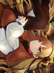 Rule 34 | 1girl, blonde hair, bow, bowtie, brown bow, brown bowtie, brown capelet, brown hairband, brown pantyhose, brown skirt, capelet, closed mouth, hair bow, hairband, highres, lobotomy corporation, long hair, long sleeves, looking at viewer, lying, on side, pantyhose, project moon, puffy long sleeves, puffy sleeves, robot, shirt, skirt, solo, tiphereth a (project moon), tiphereth b (project moon), very long hair, white shirt, york0pm