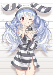 Rule 34 | 1girl, ;p, against wall, animal ears, bare shoulders, blue hair, blush, braid, chain, collar, commentary request, cowboy shot, hair between eyes, hands up, highres, hololive, kuuma25 kuma, long hair, long sleeves, looking at viewer, metal collar, mugshot, off-shoulder shirt, off shoulder, one eye closed, orange eyes, prison clothes, rabbit-shaped pupils, rabbit ears, shadow, shirt, smile, solo, standing, striped clothes, striped headwear, striped shirt, symbol-shaped pupils, thick eyebrows, tongue, tongue out, twin braids, twintails, usada pekora, usada pekora (prisoner), very long hair, virtual youtuber
