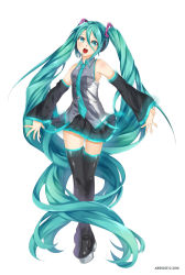 Rule 34 | 1girl, abiboge, absurdres, aqua eyes, aqua hair, aqua necktie, bare shoulders, black footwear, black skirt, blurry, boots, breasts, crossed ankles, depth of field, detached sleeves, grey vest, hair between eyes, hatsune miku, headset, highres, light blush, long hair, looking at viewer, necktie, open mouth, pleated skirt, skirt, small breasts, solo, teeth, thigh boots, thighhighs, tongue, twintails, upper teeth only, vest, vocaloid, white background, zettai ryouiki