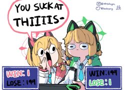 Rule 34 | 2girls, animal ear headphones, animal ears, aqua necktie, blonde hair, blue archive, bow, cat ear headphones, closed mouth, collared shirt, english text, expressionless, fake animal ears, hair bow, halo, handheld game console, headphones, highres, holding, holding handheld game console, hood, hooded jacket, instagram username, jacket, midori (blue archive), momoi (blue archive), multicolored clothes, multicolored jacket, multiple girls, necktie, nintendo switch, open mouth, playing games, score, shirt, siblings, sisters, smile, speech bubble, twins, twitter username, upper body, white jacket, white shirt, whitydragon, wide sleeves
