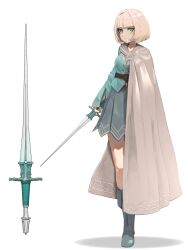 1girl :| absurdres belt blonde_hair blunt_bangs blush boots cape closed_mouth full_body green_eyes green_shirt green_skirt highres holding holding_sword holding_weapon long_sleeves looking_at_viewer notfuji original shirt short_hair simple_background skirt solo standing sword weapon white_background white_cape