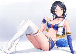 Rule 34 | 1girl, arm support, armpits, bandeau, bare shoulders, black choker, black hair, blue skirt, blue sleeves, blush, breasts, choker, cleavage, closed mouth, collarbone, commentary request, detached sleeves, earrings, flower, full body, groin, hair flower, hair ornament, hayami kanade, highres, idolmaster, idolmaster cinderella girls, idolmaster cinderella girls starlight stage, jewelry, large breasts, looking at viewer, medium breasts, midriff, miniskirt, navel, open clothes, open vest, parted bangs, shadow, short hair, shougun (chuckni1), sidelocks, simple background, single detached sleeve, sitting, skindentation, skirt, sleeves past wrists, smile, solo, thighhighs, vest, white background, white thighhighs, white vest, wrist cuffs, yellow eyes