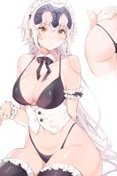 Rule 34 | 1girl, ass, bare shoulders, bikini, black bikini, black thighhighs, blush, breasts, cleavage, closed mouth, collarbone, corset, cpqm, fate/grand order, fate (series), hair between eyes, headpiece, highres, jeanne d&#039;arc (fate), jeanne d&#039;arc alter (avenger) (fate), jeanne d&#039;arc alter (fate), large breasts, long hair, looking at viewer, maid headdress, multiple views, navel, silver hair, simple background, sitting, swimsuit, thighhighs, thighs, wariza, white background, yellow eyes