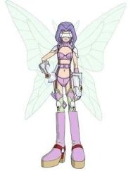 Rule 34 | 1girl, boots, breasts, digimon, digimon frontier, fairimon, gloves, hand on own hip, lowres, mask, monster girl, official art, platform footwear, purple hair, solo, wings