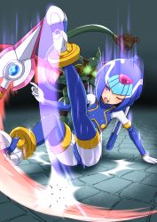 Rule 34 | 1girl, 1other, absurdres, android, blue eyes, gloves, hands on ground, helmet, highres, legs up, fairy leviathan (mega man), mega man (series), mega man zero (series), open mouth, sitting