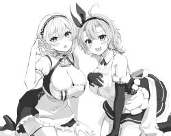 Rule 34 | 2girls, ahoge, anchor choker, arm support, azur lane, bad id, bad pixiv id, bare shoulders, black gloves, blush, bow, breasts, chestnut mouth, choker, cleavage, collarbone, elbow gloves, fang, frilled choker, frills, gloves, greyscale, hair between eyes, hairband, hamuhamu hamuo, hand on own chest, hand up, high heels, kent (azur lane), kneeling, lace-trimmed hairband, lace trim, large breasts, leaning forward, looking at viewer, monochrome, multiple girls, nipples, open mouth, puffy short sleeves, puffy sleeves, short hair, short sleeves, simple background, sirius (azur lane), sleeveless, smile, thighhighs, thighs, white background, white hair