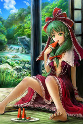 Rule 34 | 1girl, arm support, barefoot, breasts, cleavage, eating, feet, female focus, food, forest, front ponytail, fruit, green eyes, green hair, hair ribbon, kagiyama hina, matching hair/eyes, nature, open clothes, ribbon, sai-go, short hair, sitting, solo, stream, tatami, touhou, watermelon