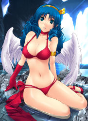 Rule 34 | 1girl, angel, angel wings, athena (series), bikini, blue eyes, blue hair, day, elbow gloves, gloves, hairband, highres, matching hair/eyes, non-web source, princess athena, red bikini, ribbon, sitting, snk, solo, swimsuit, the king of fighters, water, wings